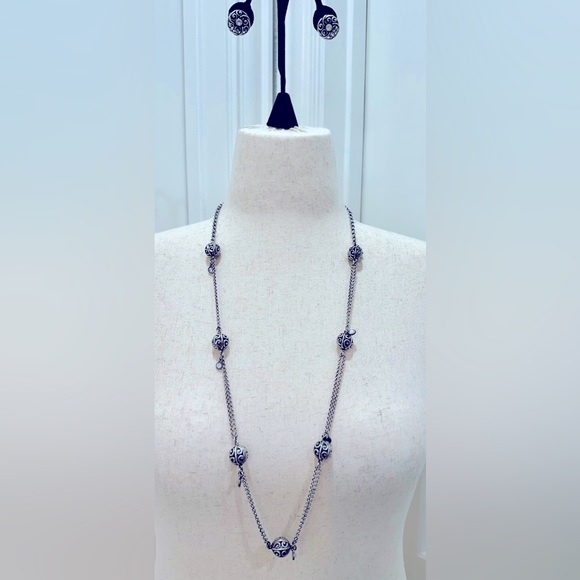 Brighton Contempo Filagree Ball & crystal long silver necklace and earring set - Picture 2 of 9